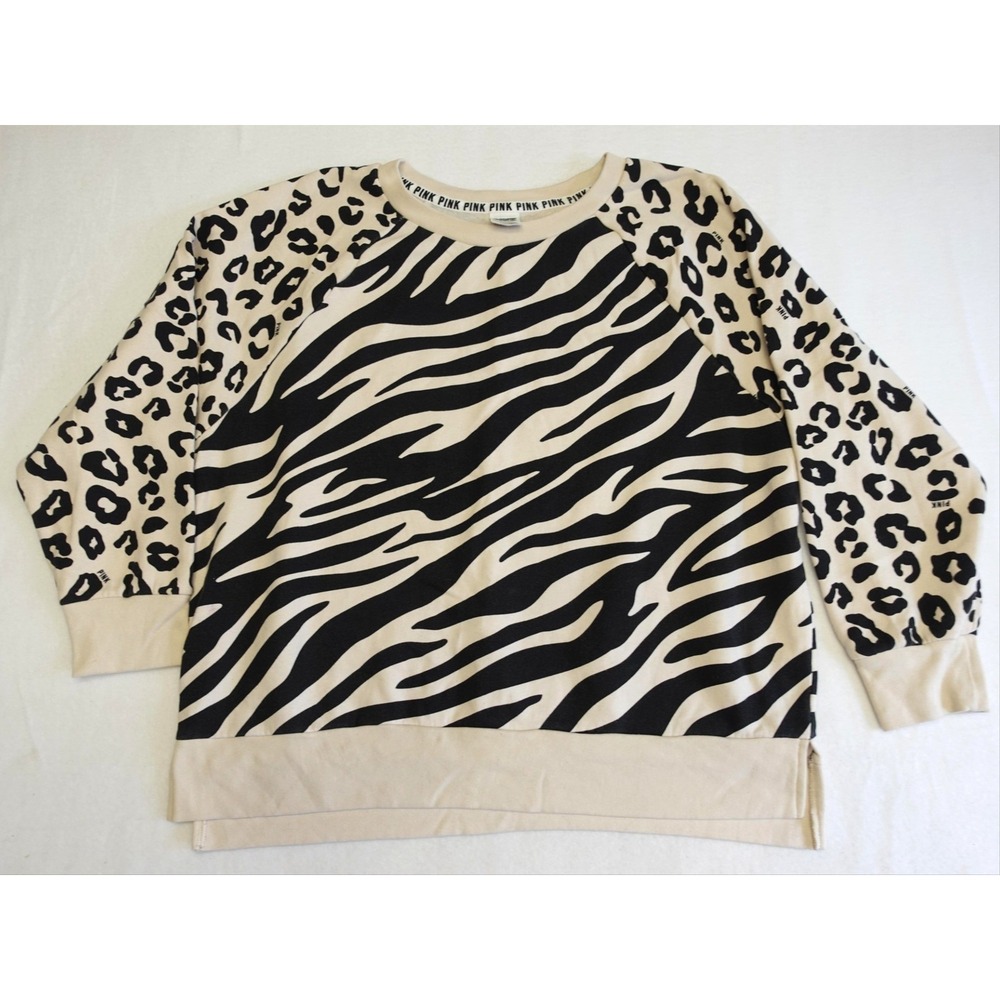 Victoria's Secret PINK Sweatshirt Womens L Beige Leopard Zebra Print Fleece
